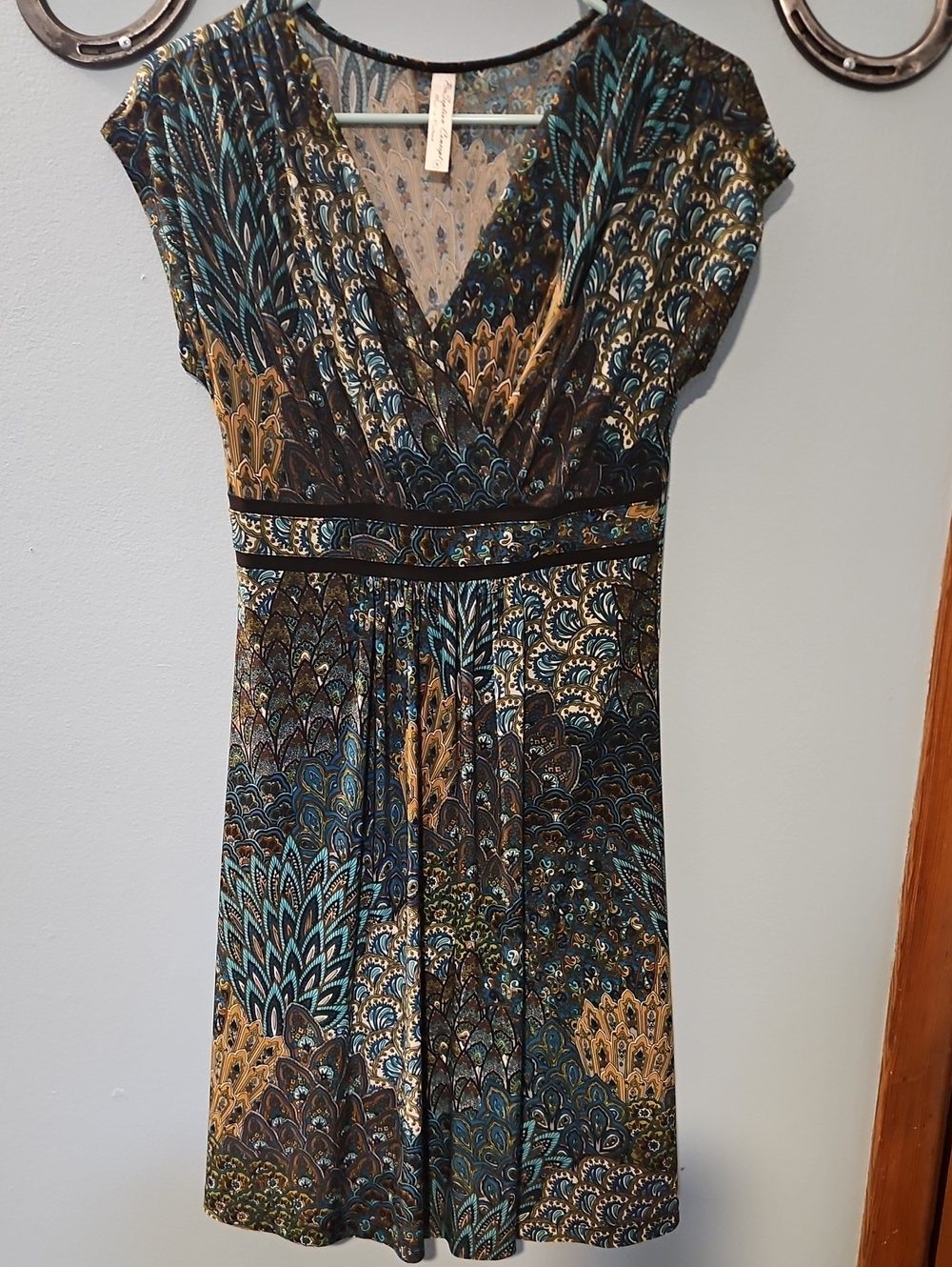 PerSeption Concept Teal, Gold and Black Printed Midi Dress - Picture 1 of 5